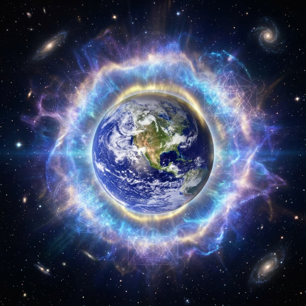 Accelerating planetary consciousness - Earth surrounded by ethereal energy and sacred geometry